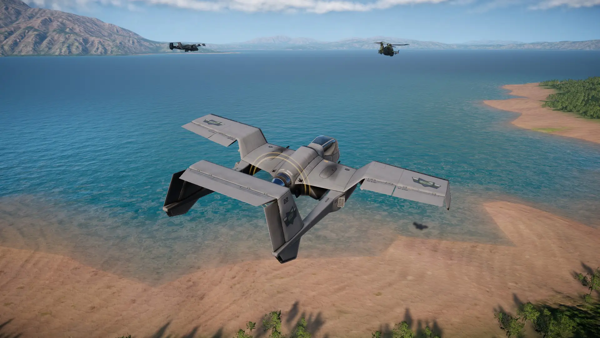 Two CI-22 Cricket in a mission flying along a SAH-46 Chicane into battle at the beach